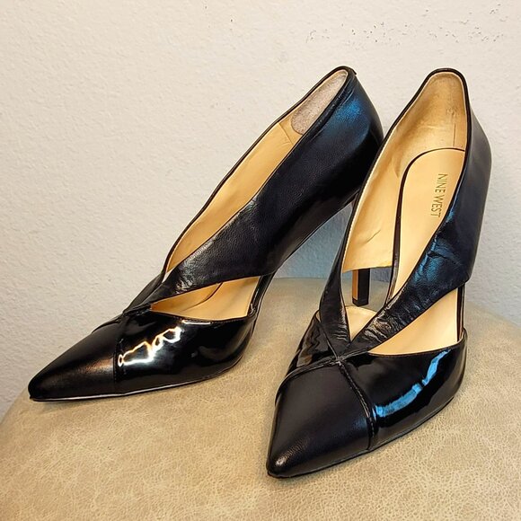 Nine West Black Leather Patent Cross Strap Pumps 12M Rare Elegant Stiletto Heels - Picture 1 of 10
